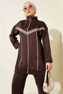 Alternative view of Piped Stripe Scuba Two-Piece Set Brown