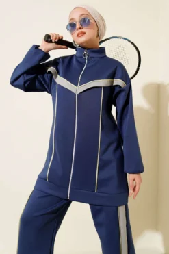Alternative view of Piped Stripe Scuba Two-Piece Set Navy Blue