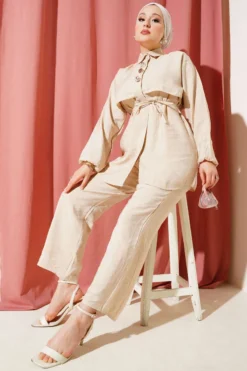 Bolerolu Gold Buttoned Two-Piece Set Beige