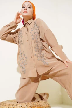 Beaded Embroidered Loose Two-Piece Set wholesale clothing set - Hicabistan Turkey factory