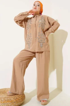 Beaded Embroidered Loose Two-Piece Set wholesale clothing set view 2 - Hicabistan Turkey factory