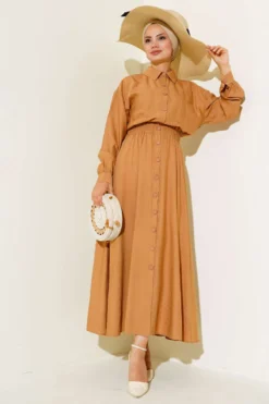 Boy Buttoned Double Pocket Dress Camel
