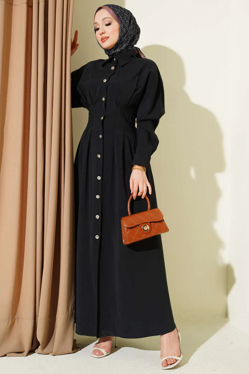 Button-Up Waist-Tie Modal Dress Black