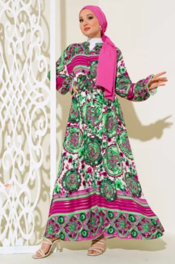 Buttoned Patterned Dress Fuchsia