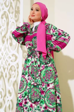 منظر بديل لـ Buttoned Patterned Dress Fuchsia