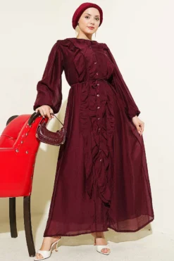Buttoned Ruffled Dress with Tie Belt Burgundy groothandel dress view 2 - Hicabistan Turkije fabriek