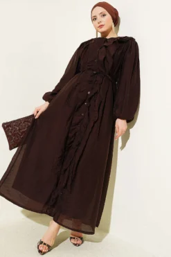 Buttoned Ruffled Dress with Tie Belt Brown groothandel dress - Hicabistan Turkije fabriek