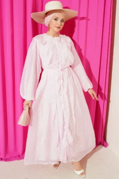 Buttoned Ruffled Dress with Tie Belt Pink groothandel dress - Hicabistan Turkije fabriek