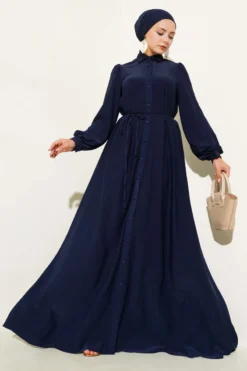 Button-Up Dress with Ties Navy Blue Großhandel dress - Hicabistan Türkei Fabrik