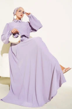 Button-Up Dress with Ties Lilac Großhandel dress - Hicabistan Türkei Fabrik