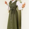 Button-Up Denim Pinafore Dress with Double Pockets Khaki