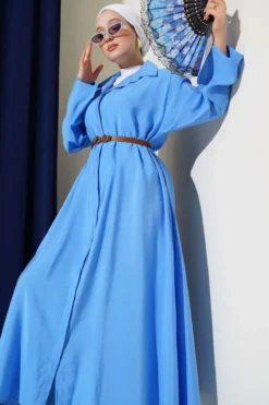 Buttoned Belted Basic Dress Blue