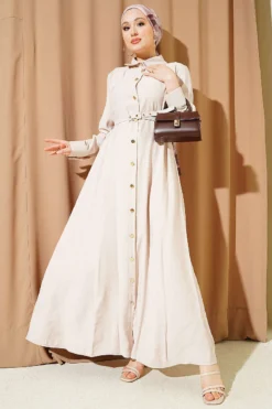 Buttoned Belted Tencel Dress Beige en gros dress view 2 - Hicabistan usine Turquie
