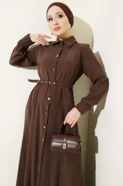 Buttoned Belted Tencel Dress Brown en gros dress view 2 - Hicabistan usine Turquie