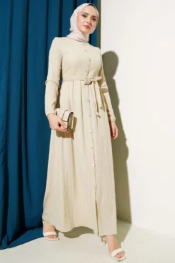 Button-Down Belted Basic Dress Beige
