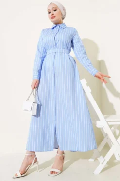 Buttoned Belted Striped Dress