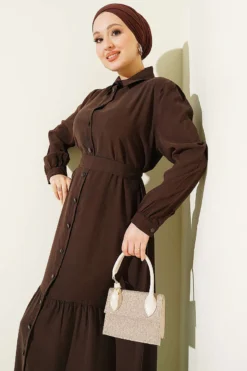 Button-Down Belted Tencel Dress Brown wholesale dress view 2 - Hicabistan Turkey factory