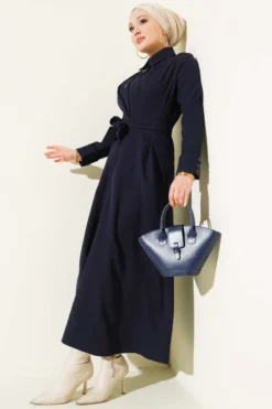 Buttoned Belted Dress Navy Blue Großhandel dress - Hicabistan Türkei Fabrik