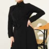 Buttoned Belted Dress Black wholesale dress view 2 - Hicabistan Turkey factory