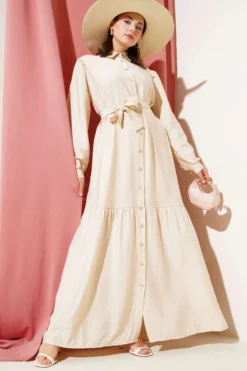 Button-Up Flared Dress Beige