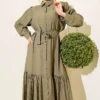 Buttoned Flared Belted Dress Khaki all'ingrosso dress view 2 - Hicabistan fabbrica Turchia
