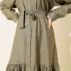 Buttoned Flared Belted Dress Khaki all'ingrosso dress view 4 - Hicabistan fabbrica Turchia