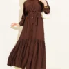 Buttoned Flared Belted Dress Brown Großhandel dress - Hicabistan Türkei Fabrik
