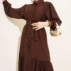 Buttoned Flared Belted Dress Brown Großhandel dress view 2 - Hicabistan Türkei Fabrik