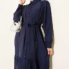 Buttoned Flared Belted Dress Navy Blue Großhandel dress view 2 - Hicabistan Türkei Fabrik