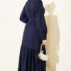 Buttoned Flared Belted Dress Navy Blue Großhandel dress view 3 - Hicabistan Türkei Fabrik