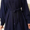 Buttoned Flared Belted Dress Navy Blue Großhandel dress view 4 - Hicabistan Türkei Fabrik