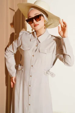 Buttoned Side Belted Tencel Dress Stone بالجملة dress view 2 - Hicabistan مصنع تركيا