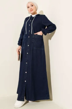Hooded Denim Dress with Metal Buttons Navy Blue Großhandel dress - Hicabistan Türkei Fabrik