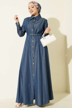 Metal Button Belted Denim Dress Blue en gros dress - Hicabistan usine Turquie