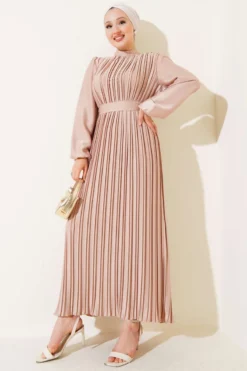 Pleated Satin Dress Beige