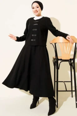 Buttoned Ribbed Wool Skirt Set Black