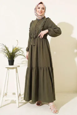Brit Buttoned Lace Detailed Dress Khaki