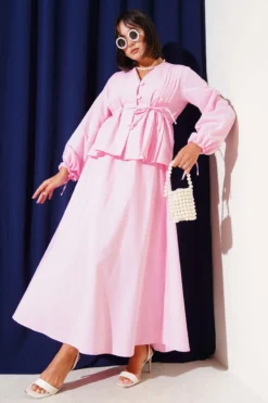 Buttoned Twin Skirt Set Pink