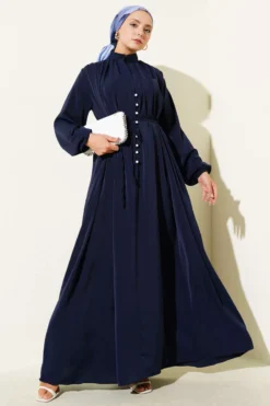 Brit Buttoned Tie Dress Navy Blue al por mayor dress - Hicabistan fábrica Turquía