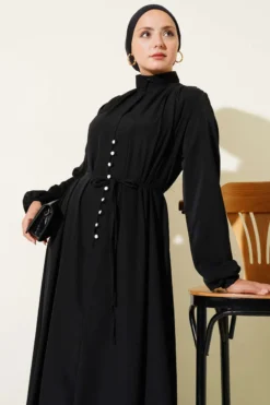 Brit Buttoned Tie Dress Black al por mayor dress view 2 - Hicabistan fábrica Turquía