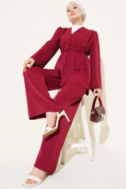Buttoned Tie Belt Tunic Set Burgundy
