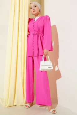 Buttoned Tie Belt Tunic Set Fuchsia
