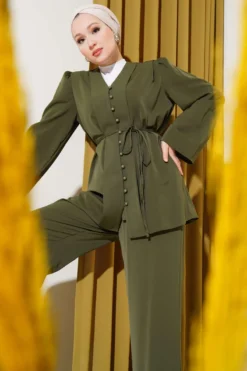 Buttoned Tie Belt Tunic Set Khaki