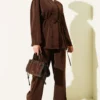Buttoned Tie Belt Tunic Set Brown