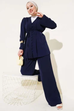 Alternative view of Buttoned Tie Belt Tunic Set Navy Blue