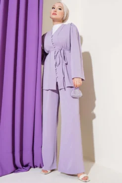 Buttoned Tie Belt Tunic Set Lilac