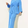 Buttoned Tie Belt Tunic Set Blue