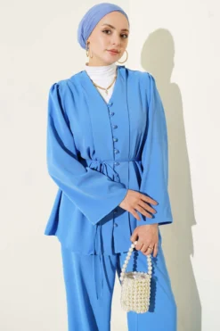 Buttoned Tie Belt Tunic Set Blue wholesale clothing set view 2 - Hicabistan Turkey factory