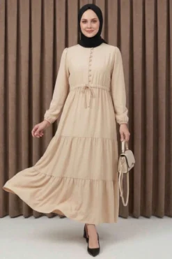 Brit Buttoned Tiered Dress Beige en gros dress - Hicabistan usine Turquie