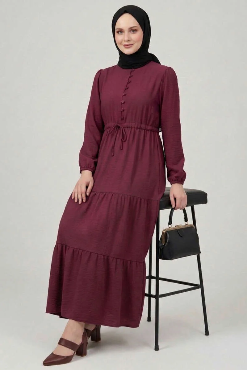 Brit Buttoned Tiered Dress Burgundy